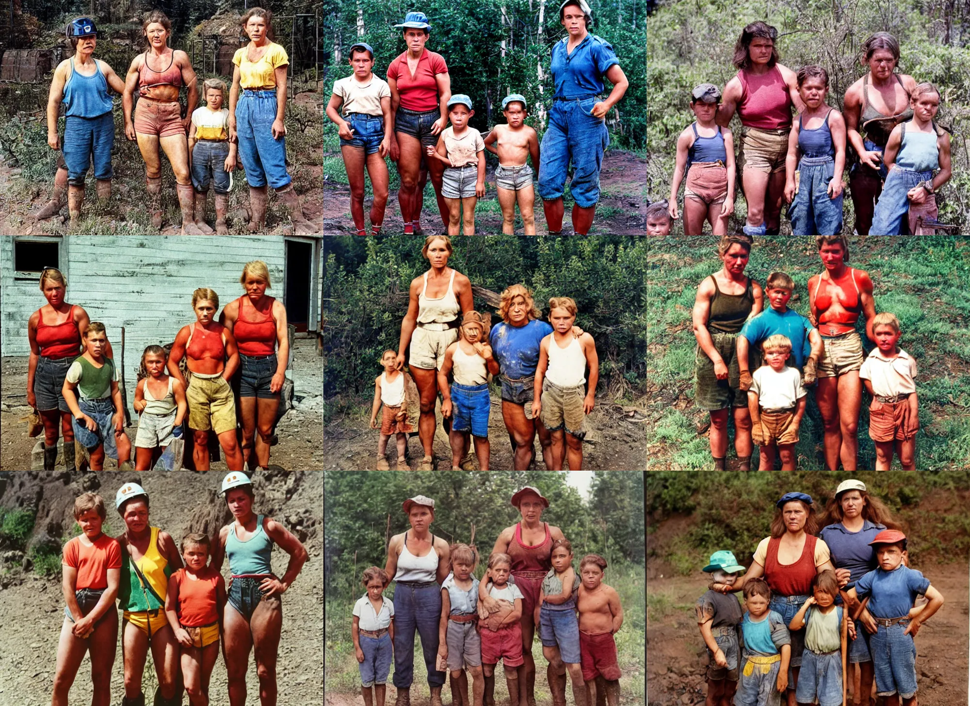 Prompt: A very Muscular miner woman and her children, summer 90's professional color photograph.