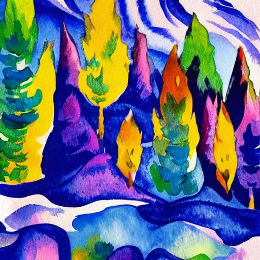 Prompt: fauvism artstation watercolor landscape, mountain with pine trees.