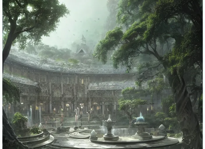 Image similar to A bathhouse in a beautiful elven city made of white marble, anime, lush trees, fountain, a fantasy digital painting by Greg Rutkowski and James Gurney, trending on Artstation, highly detailed