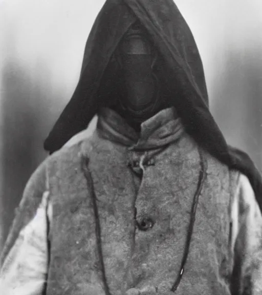 Prompt: a man at distance wearing hooded beaked mask covering his entire face, full body portrait at distance, ww1 film photo, grainy, high detail, high resolution