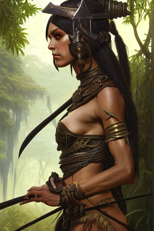 Image similar to portrait of a female dark elf archer, elegant, intricate, full frontal shot, jungle ruins background, highly detailed, digital painting, artstation, concept art, sharp focus, illustration, art by artgerm and greg rutkowski and alphonse mucha