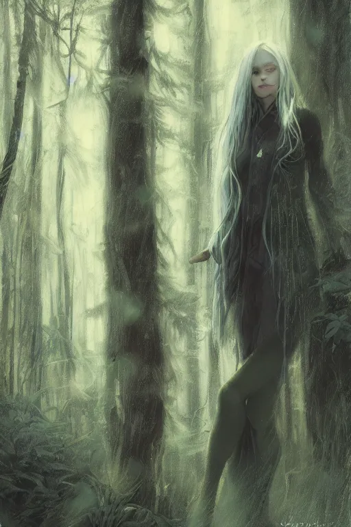 Image similar to digital drawing of wizard woman with long yellow hair standing in a forest by jeremy lipking and greg rutkowski and artgerm rendered in octane, beuatiful lighting, character concept