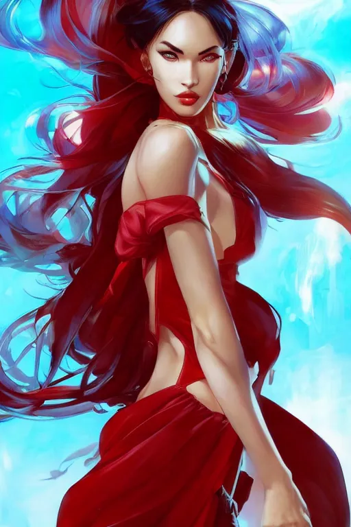 Image similar to Megan Fox in red back light using a pale blue summer dress in a blade and soul spinoff artbook rendered by the artist Taran Fiddler, Joe Madureira, Nadezhda Tikhomirova, Jiyun Chae, Lê Long, trending on Artstation by Hyung Tae Kim, artbook, Stanley Artgerm Lau, WLOP, Rossdraws , James Gurney