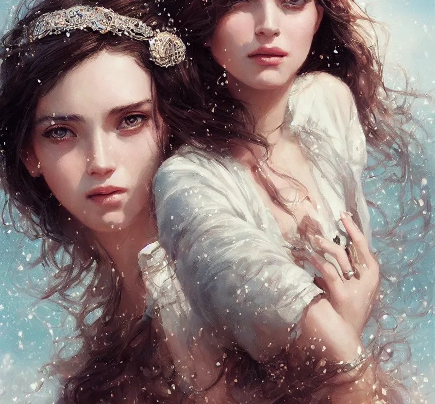 Image similar to a beautiful young charming goddess with sundress and jewelry | | winter, realistic shaded, unpleasant face, good looking, fine details, dior, lv, realistic shaded lighting poster by greg rutkowski, macoto takahashi, magali villeneuve, artgerm, jeremy lipkin and michael garmash