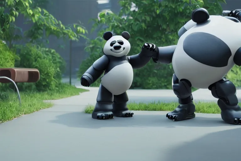 Image similar to still from a pixar film about a robot panda, uhd 4 k movie, octane render