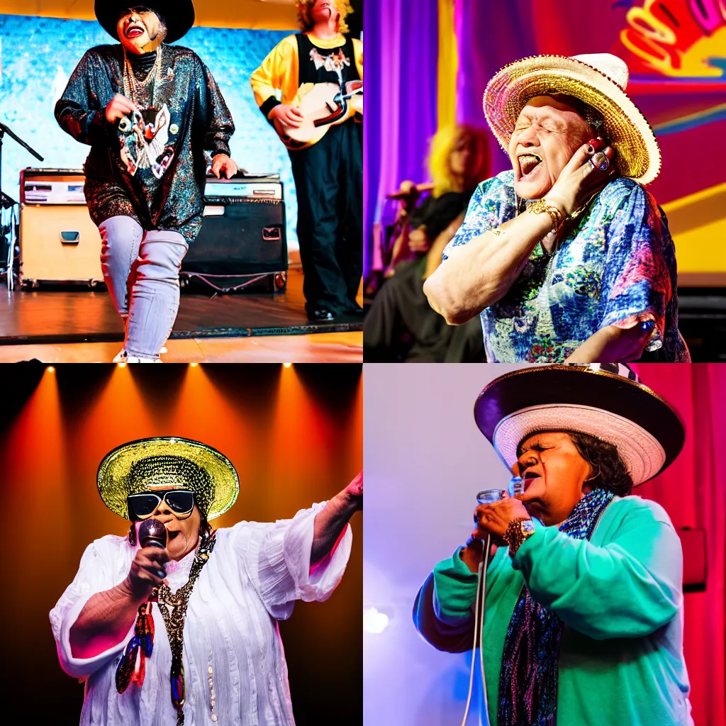 Prompt: an old lady rapping on stage. The old lady is wearing a sombrero and a thick gold chain. Professional live venue photography.