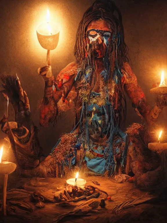 Image similar to fine painting of a death shaman from an ancient culture with mushrooms growing from his body, candlelight, 8 k, ultra realistic, lens flare, atmosphere, glow, detailed, intricate, full of colour, cinematic lighting, trending on artstation, 4 k, hyperrealistic, focused, extreme details, unreal engine 5, cinematic, masterpiece