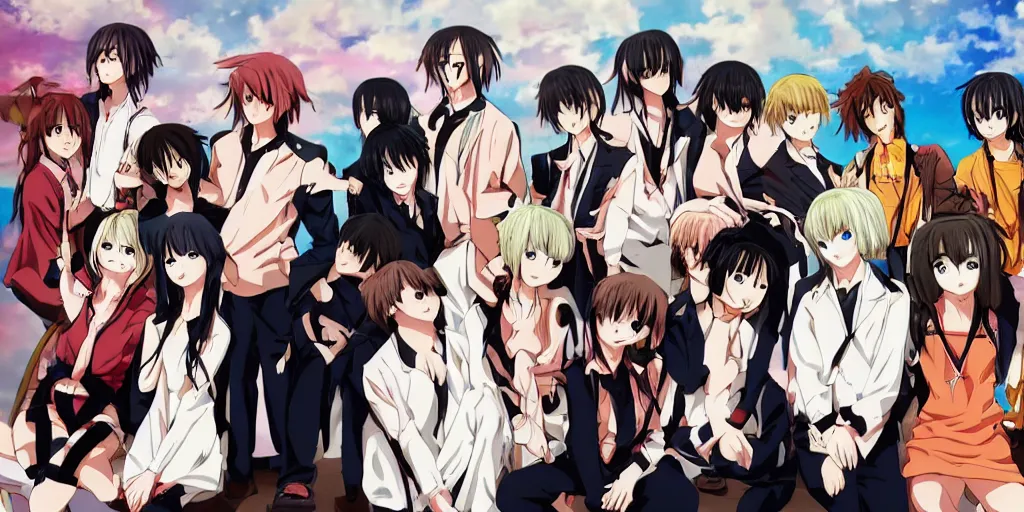 Image similar to 2 anime girls posing with 6 anime boys