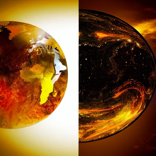 Prompt: Two contrasting true worlds, Amber and Chaos, and shadow worlds including our Earth that are parallel worlds that were created from the tension between opposing magical forces of Amber and Chaos.