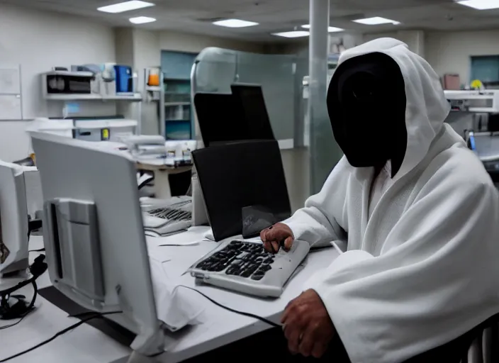 Image similar to over the shoulder shot of a robed illuminati cultist using a computer in a dark laboratory