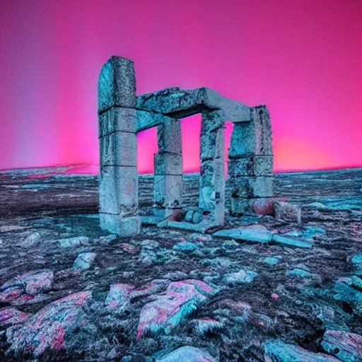 Prompt: ancient neon ruins in the tundra,retrowave art, trending