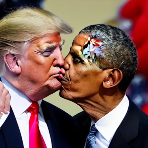 Image similar to donald trump and barrack obama kissing, 4k, photo, realistic,