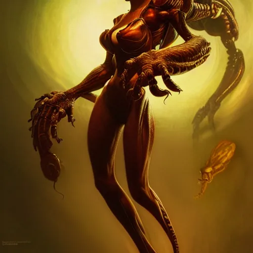 Image similar to metroid creature, dark fantasy, medium shot, intricate, elegant, highly detailed, digital painting, volumetric light, artstation, concept art, smooth, sharp focus, illustration, art by Gil Elvgren and Greg Rutkowski and Alphonse Mucha