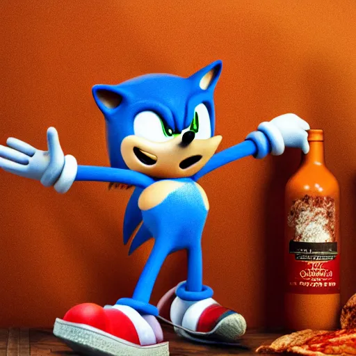 Prompt: sonic the old and decrepit hedgehog eating chorizo sandwich with a tetrabrik of wine. 3d render, hyperdetailed, dirty, blender, trending on artstation, octane render, photorealistic, intricate detail, disgusting