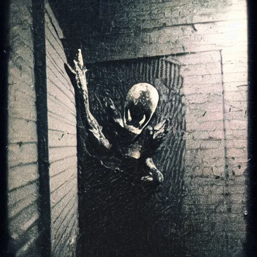 Image similar to a humanoid creature at the bottom of a dark stairwell, dark!, creepy!!!, unsettling, uncanny valley!, old polaroid, expired film,