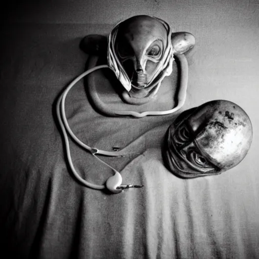 Image similar to an alien autopsy, realistic, vintage, grainy, old style photo, sepia, dark, medical lighting, masked doctors, clear alien face