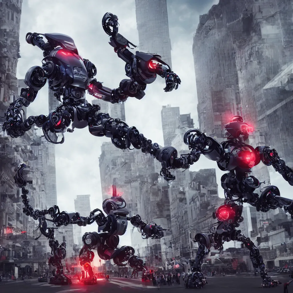 Image similar to robotic rebellion, cyborgs raise against humans in the streets, octane render, photo realistic, hyper realistic, 8 k resolution