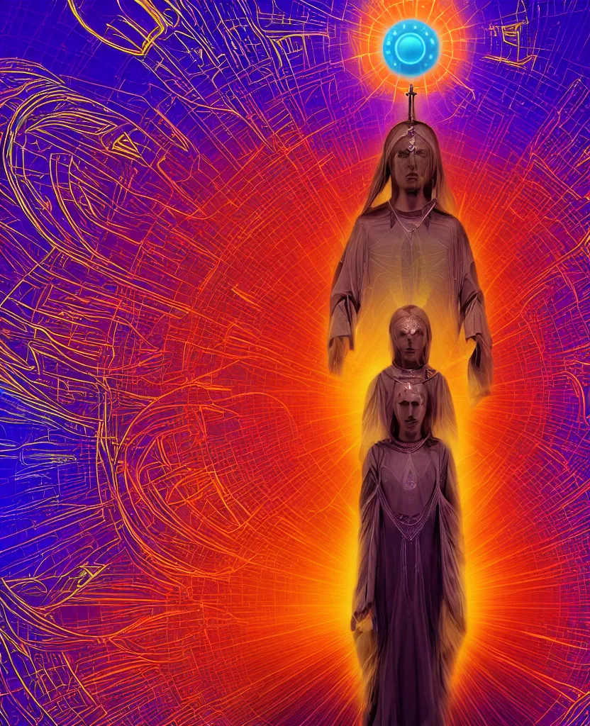 Prompt: techno - spiritual utopian ascended god, perfect future, award winning digital art