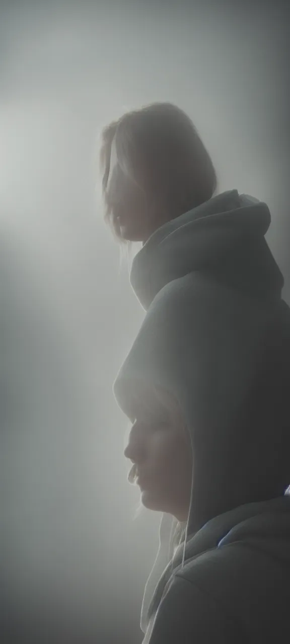 Image similar to very very beautiful mysterious profile photograph of emily skinner looking like annie leonhart in a hoodie standing next to a window god rays shining on her from the sunlight, volumetric fog, smoke, depth of field, beautiful composition, very very very beautifull face, on artstation and instagram, ray tracing