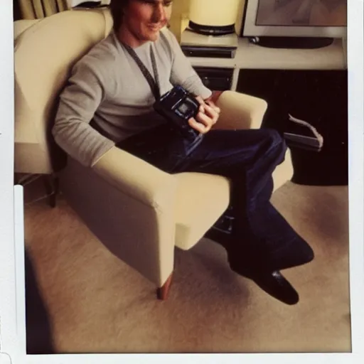 Image similar to Polaroid of Tom Cruise sitting in recliner with remote control watching tv 1983