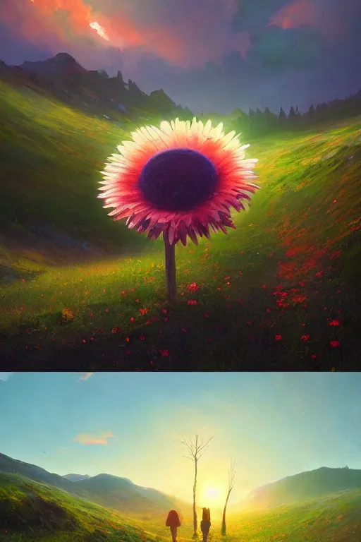 Prompt: giant daisy flower head, walking in the mountains, surreal photography, sunrise, dramatic light, impressionist painting, colorful clouds, digital painting, artstation, simon stalenhag