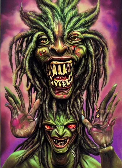 Image similar to a grotesque cyborg demon with dreadlocks telling a joke, airbrush art, shamanic horror lsd art, by basuki abdullah