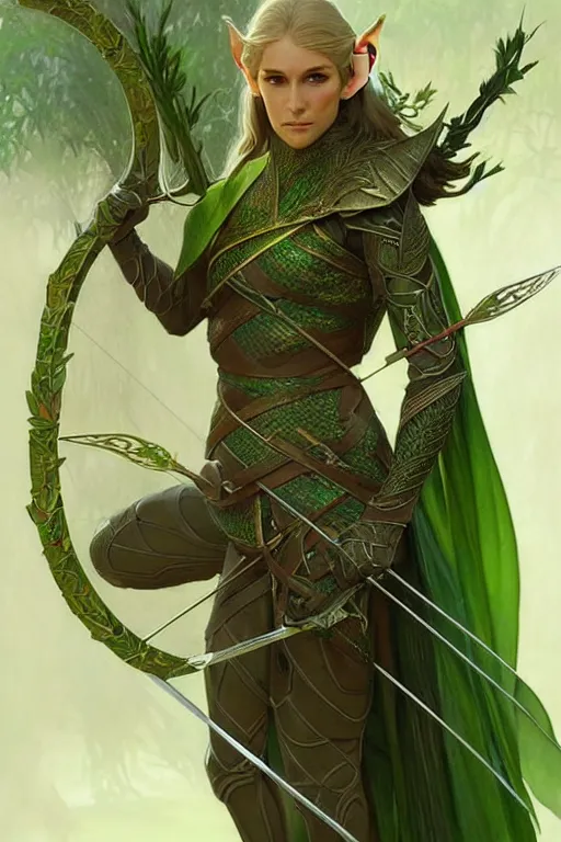 Image similar to male elven Archer armor made of green leaves, fantasy, amber eyes, face, long hair, intricate, elegant, highly detailed, digital painting, artstation, concept art, smooth, sharp focus, illustration, art by artgerm and greg rutkowski and alphonse mucha