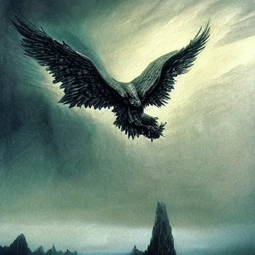 Image similar to griffon concept art, eagle head, lion body, eagle wings, beksinski