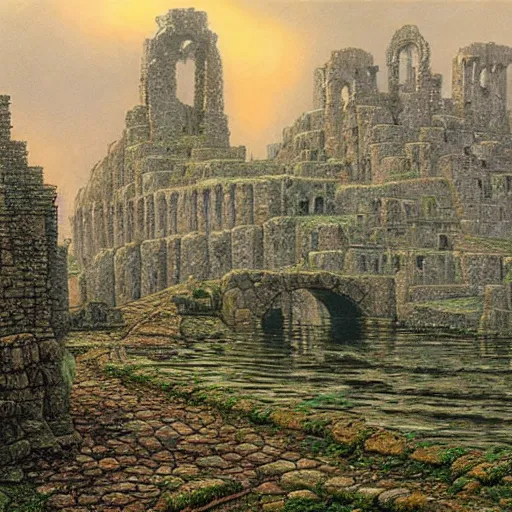 Prompt: ruined stone city in a lake. misty weather. painting by Ted Nasmith and Larry Elmore.