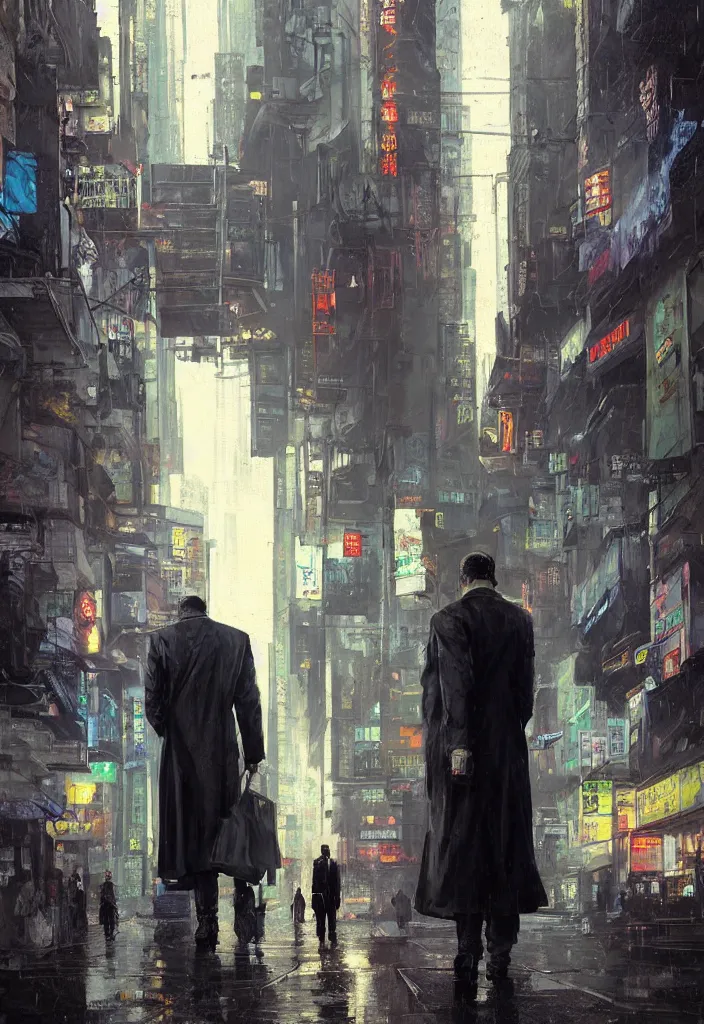 Prompt: a highly detailed epic cinematic concept art CG render digital painting artwork: Trench coat salaryman walks the streets of cyberpunk New York. By Greg Rutkowski, in the style of Francis Bacon and Syd Mead and Norman Rockwell and Edward Hopper, open ceiling, highly detailed, painted by Francis Bacon and Edward Hopper, painted by James Gilleard, surrealism, airbrush, Ilya Kuvshinov, WLOP, Stanley Artgerm, very coherent, triadic color scheme, art by Takato Yamamoto and James Jean
