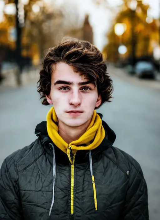 Prompt: a personal close up portrait of a 2 1 year old man from switzerland, his hair is brown and short, his eyes are green, his face is symmetric and friendly, he's proud to be where he is in life, yellow jacket, ambient light, beautiful composition, magazine photography, full frame, 5 0 mm, f 1. 8