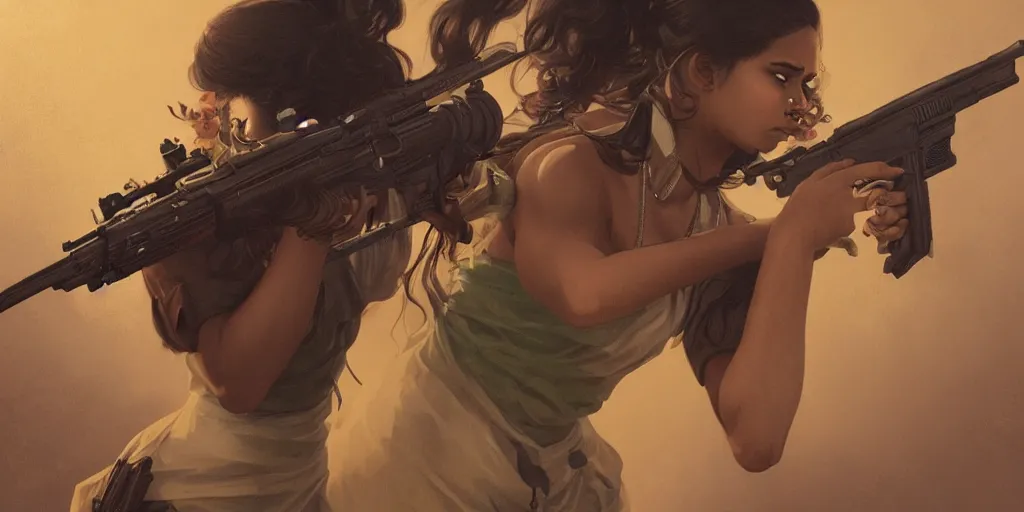 Prompt: sri lankan girl with a gun, angery emotion, intricate, elegant, highly detailed, digital painting, artstation, concept art, smooth, sharp focus, illustration, art by artgerm and greg rutkowski and alphonse mucha