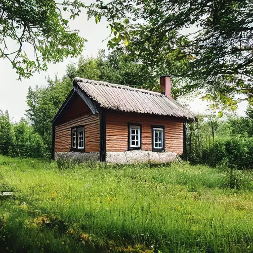 Prompt: photograph of a small swedish cottage in the countryside