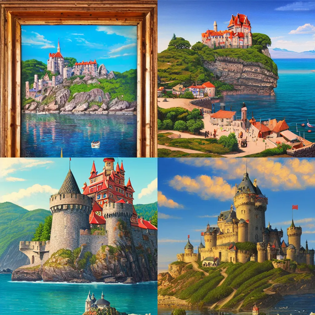 Prompt: a beautiful ultradetailed painting of a medieval castle and bustling town floating on top of a giant rock next to a beach and a clear blue sea mountain range, ilya kuvshinov, trending on artstation
