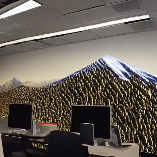 Prompt: a mountain made out of computer screens in a crowded office with cubicles, the computer screens have bitcoin logos, unreal engine 5, harsh contrast lighting