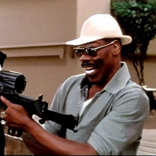 Image similar to a still of the cat shooting a m 6 0 machine gun from the buddy cop movie beverly hills cat 2, with eddie murphy