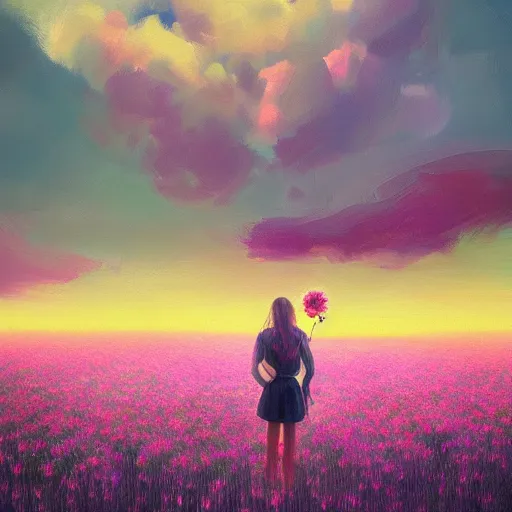 Image similar to girl with an blooming flower face, surreal photography, dream, standing in flower field, magical, in a valley, sunrise dramatic light, impressionist painting, colorful clouds, artstation, simon stalenhag, flower face