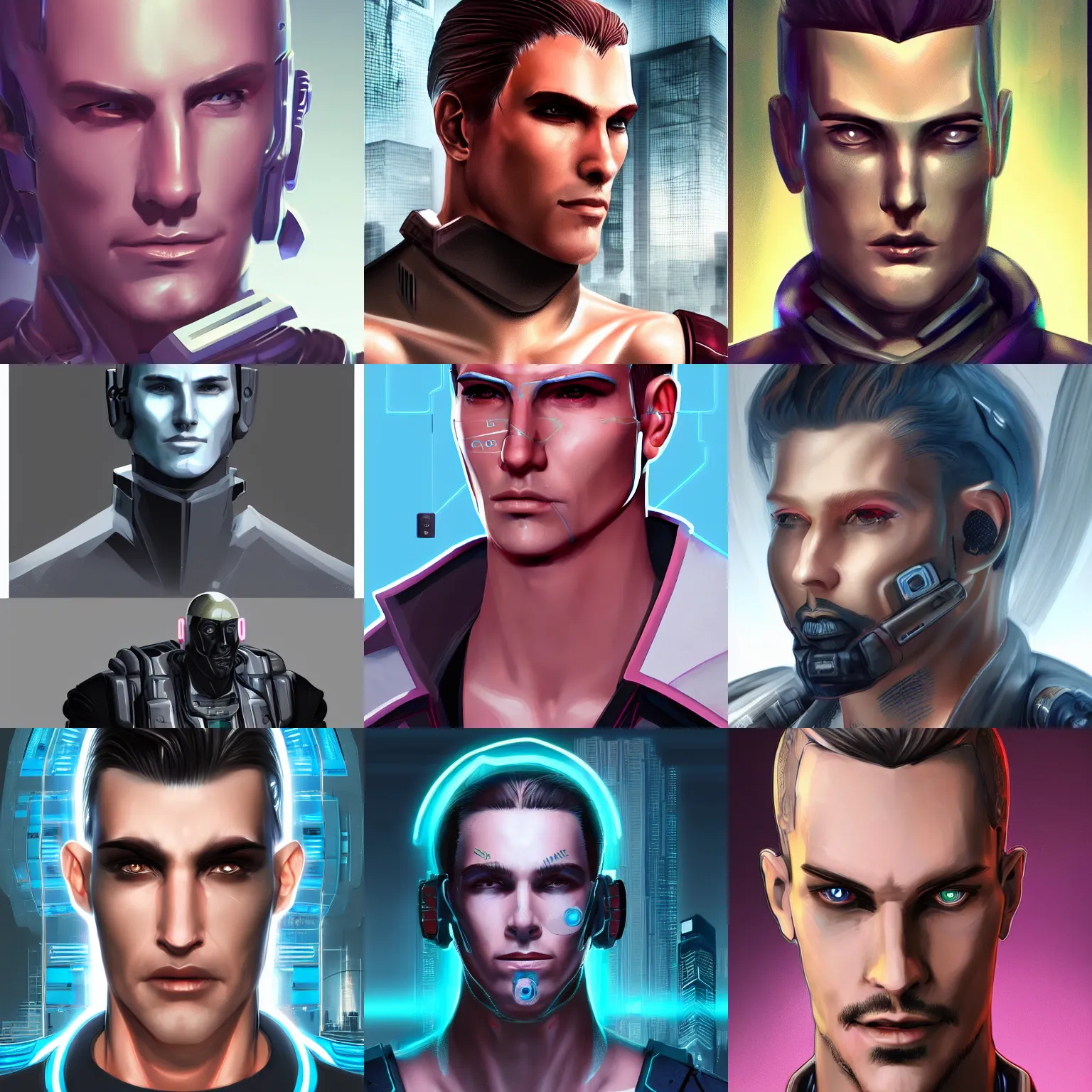 Prompt: Cyberpunk handsome male android with discreet facial implants. Detailed character portrait from the waist-up. Trending on ArtStation