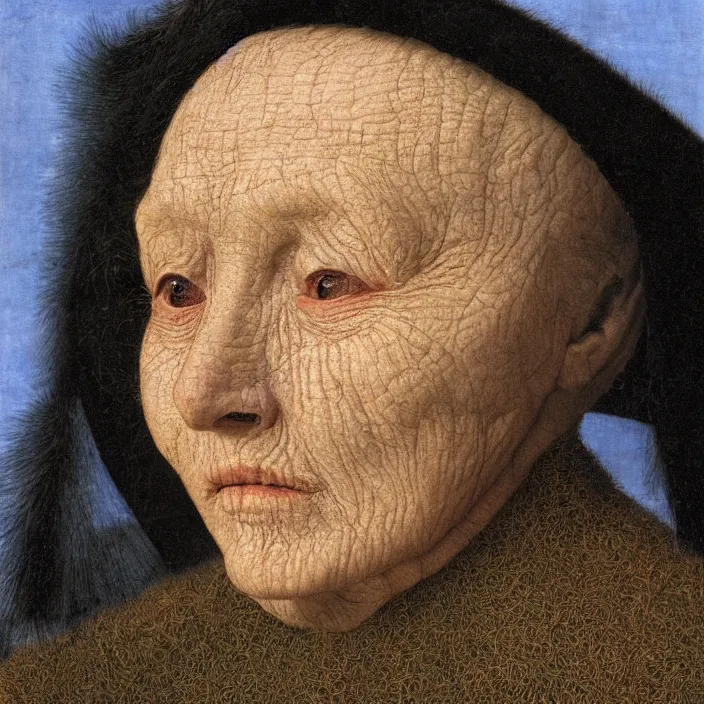 Prompt: close up frontal portrait of a dying old woman. thistle, clear gradient sky. jan van eyck