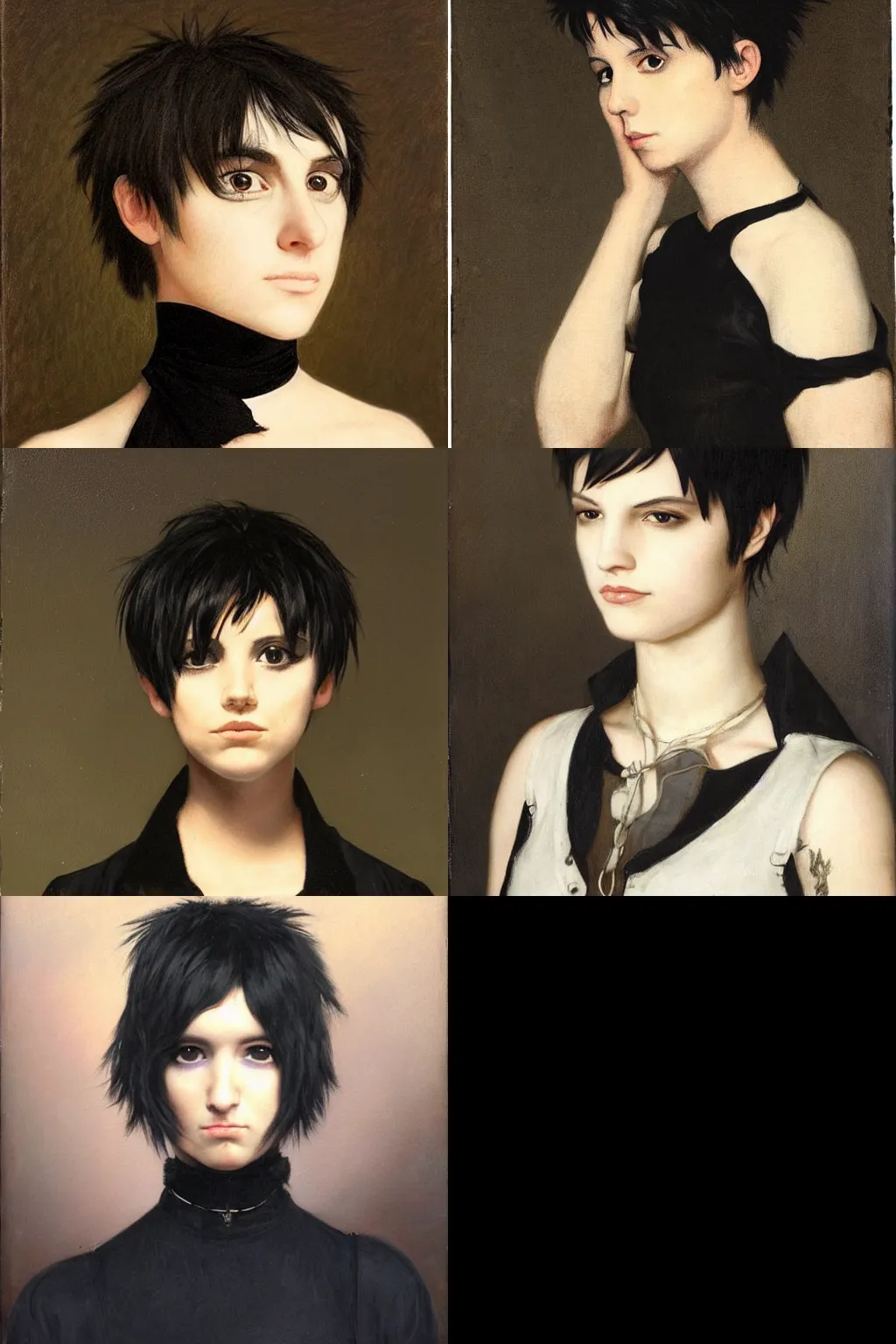 Prompt: an emo portrait by jacques - laurent agasse. her hair is dark brown and cut into a short, messy pixie cut. she has a slightly rounded face, with a pointed chin, large entirely - black eyes, and a small nose. she is wearing a black tank top, a black leather jacket, a black knee - length skirt, and a black choker..