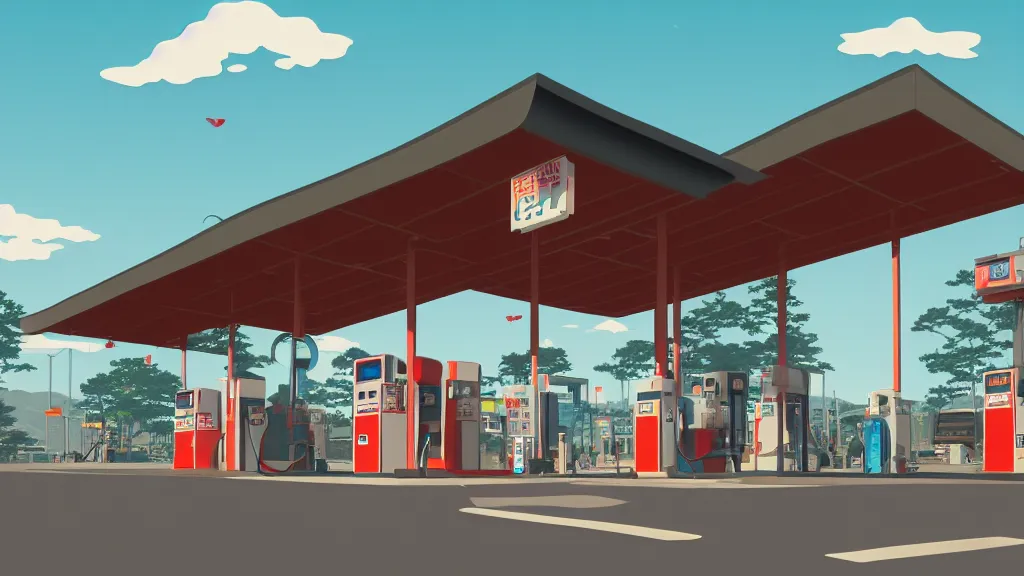 Prompt: Explosion at the gas station, flat design, screen print by Kawase Hasui and dan hillier, 8k unreal engine