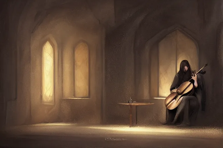 Image similar to an empty brutalist chamber, lonely, somber, a cursed lute, oud, guitar designed by brian froud leans against the wall alone, abandoned. a thin wisp of smoke rises from the lute. late afternoon lighting cinematic fantasy painting by jessica rossier