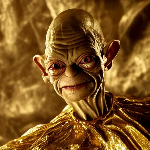Image similar to gollum couching in a dungeon proudly wearing gold and jewelry and bling, hip hop style, tattoos, lotr, imax, foggy atmosphere, bokeh, professional studio shot, stylized photo, single image