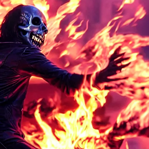 Image similar to Keanu Reeves as ghostrider Half skull on fire 4K quality Super Realistic