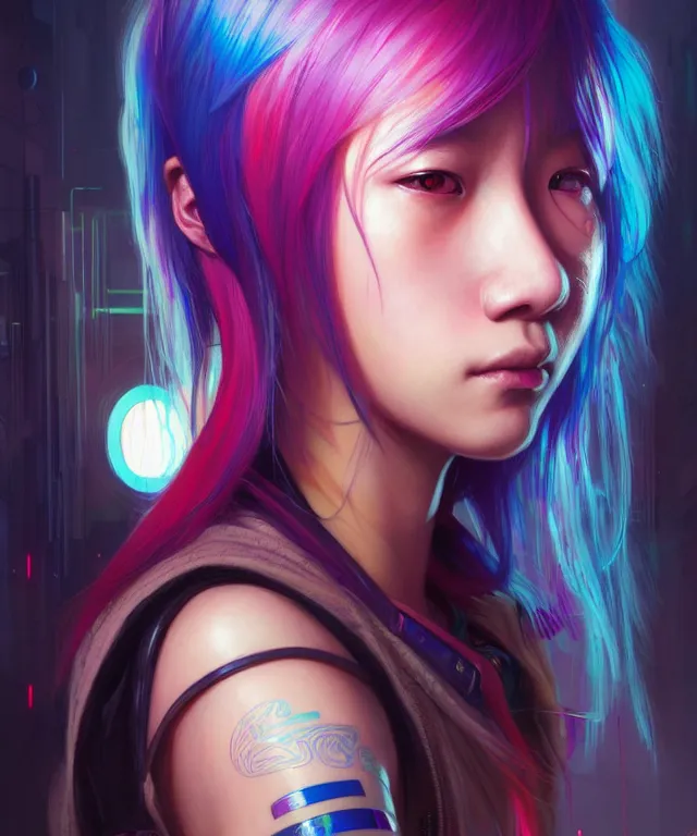 Image similar to Cyberpunk teenage girl, portrait, Asian features, face, rainbow coloured hair intricate, elegant, highly detailed, digital painting, artstation, concept art, smooth, sharp focus, illustration, art by artgerm and greg rutkowski and alphonse mucha