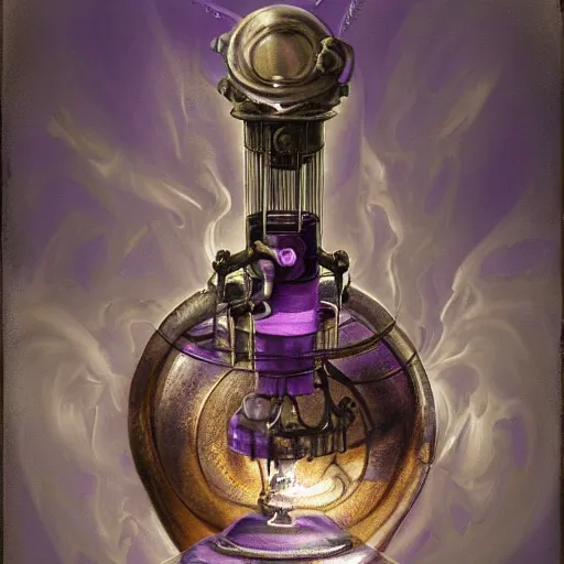 Prompt: a steampunk painting of a vintage purple potion bottle, lit by a single ray of sunlight in a dark dusty vintage science lab, by h. r. giger, hyperrealistic fantasy art, concept matte, ethereal, dreamy, digital art, trending on artstation, volumetric cinematic lighting