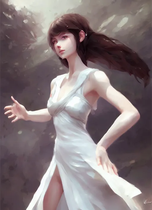 Image similar to a girl with elegant white dress, digital art by krenz cushart, laurie greasly, wlop, artgerm, intricate, ( highly detailed figure ), sharp focus, smooth, epic composition, joyful, unreal engine