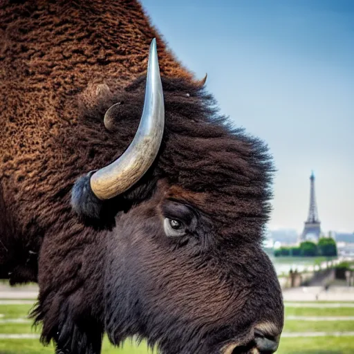 Image similar to photo of a bison on the background of the Eiffel Tower, 50mm, beautiful photo