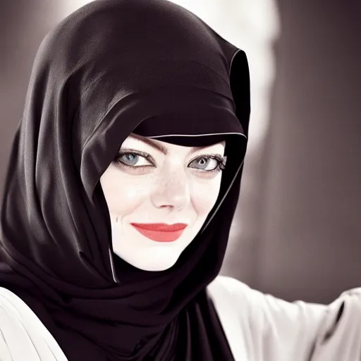 Prompt: A portrait of Emma Stone wearing Black Arabian Abaya, high quality, fully detailed, 4k