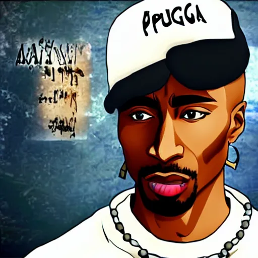 Image similar to Tupac Shakur, screenshot from a 2012s anime